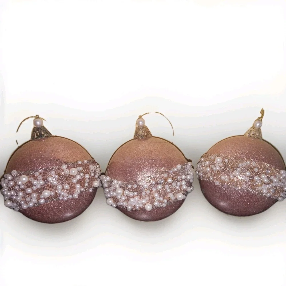 3 Rose Pink Glitter White Pearl Gold Beads Christmas Shabby Chic‎ Ornaments